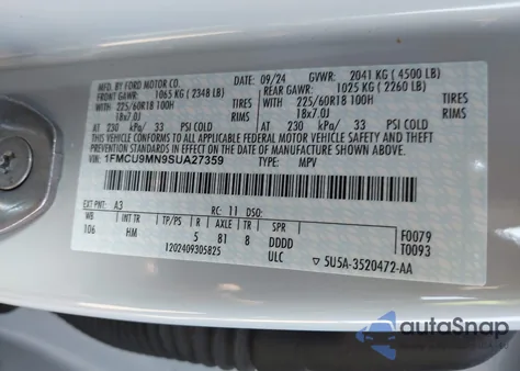 2025 Ford Escape St-Line z USA, uszkodzony, nr VIN 1FMCU9MN9SUA27359